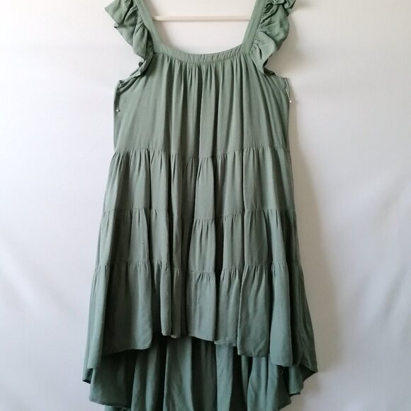 Jodifl Sage Green Ruffle Round Neck Hi Low Hem Tiered Fit & Flare Dress Size L - Picture 1 of 5